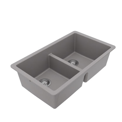 32-3/8" Undermount Double Equal Bowl Quartz Composite Kitchen Sink Kit In Grey