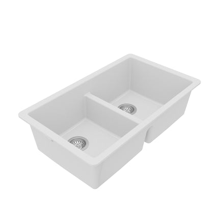 32-3/8" Undermount Double Equal Bowl Quartz Composite Kitchen Sink Kit In White