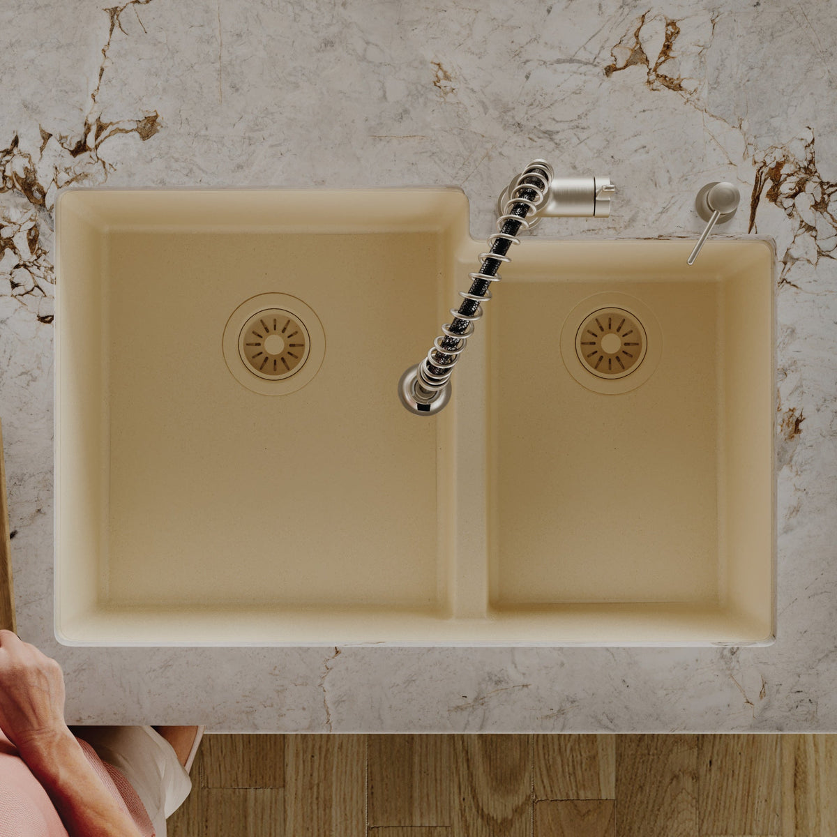 32-1/4" Undermount Double Offset Bowl Quartz Composite Kitchen Sink In Bisque