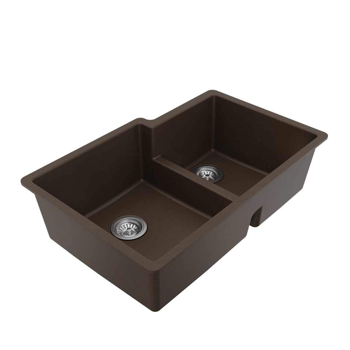 32" Undermount Double Offset Bowl Quartz Composite Kitchen Sink Kit In Brown