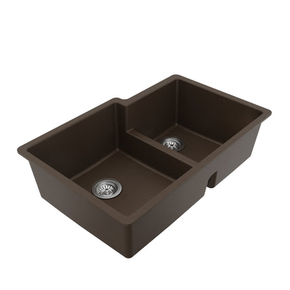 32" Undermount Double Offset Bowl Quartz Composite Kitchen Sink Kit In Brown