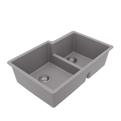 32" Undermount Double Offset Bowl Quartz Composite Kitchen Sink Kit In Grey