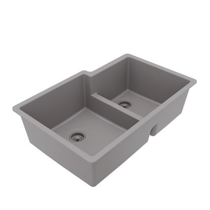 32-1/4" Undermount Double Offset Bowl Quartz Composite Kitchen Sink In Grey