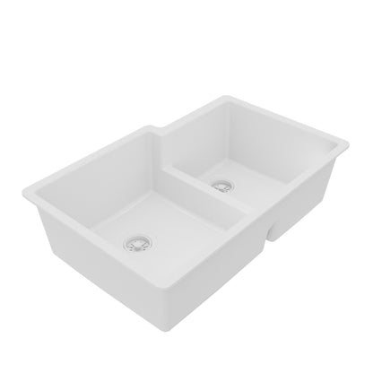 32-1/4" Undermount Double Offset Bowl Quartz Composite Kitchen Sink In White