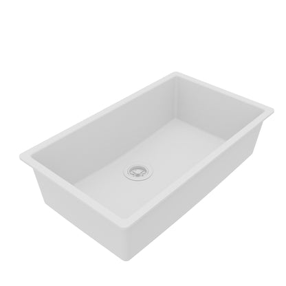 32-3/8" Undermount Large Single Bowl Quartz Composite Kitchen Sink In White