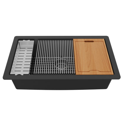 32" Undermount Large Single Bowl Quartz Composite Workstation Kitchen Sink In Black