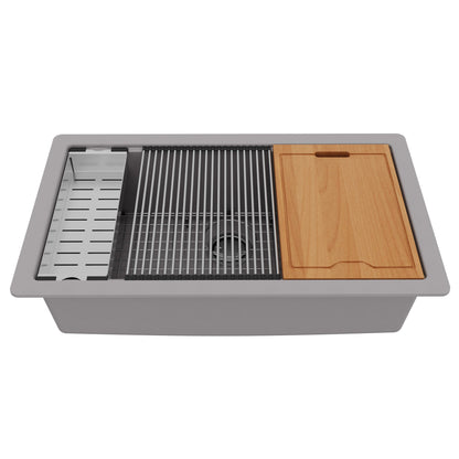 32" Undermount Large Single Bowl Quartz Composite Workstation Kitchen Sink In Grey