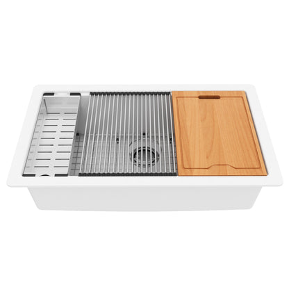 32" Undermount Large Single Bowl Quartz Composite Workstation Kitchen Sink In White