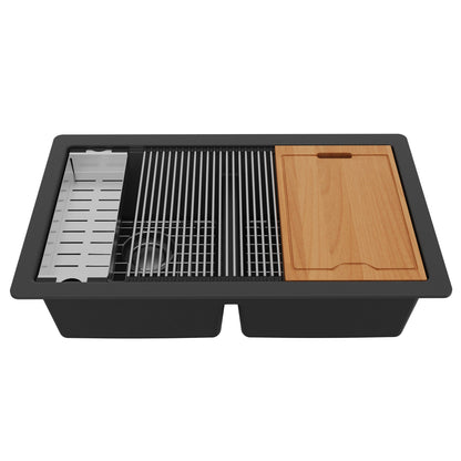 32-1/2" Undermount Double Equal Bowl Quartz Composite Workstation Kitchen Sink In Black