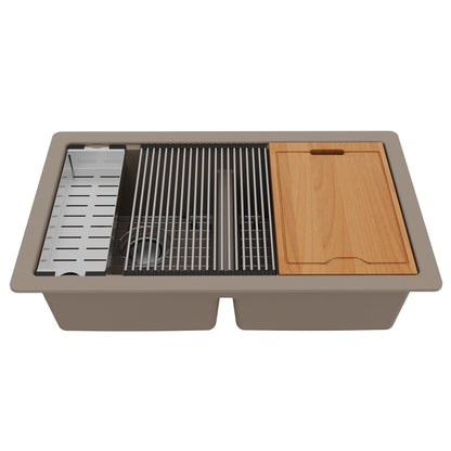 32-1/2" Undermount Double Equal Bowl Quartz Composite Workstation Kitchen Sink In Concrete