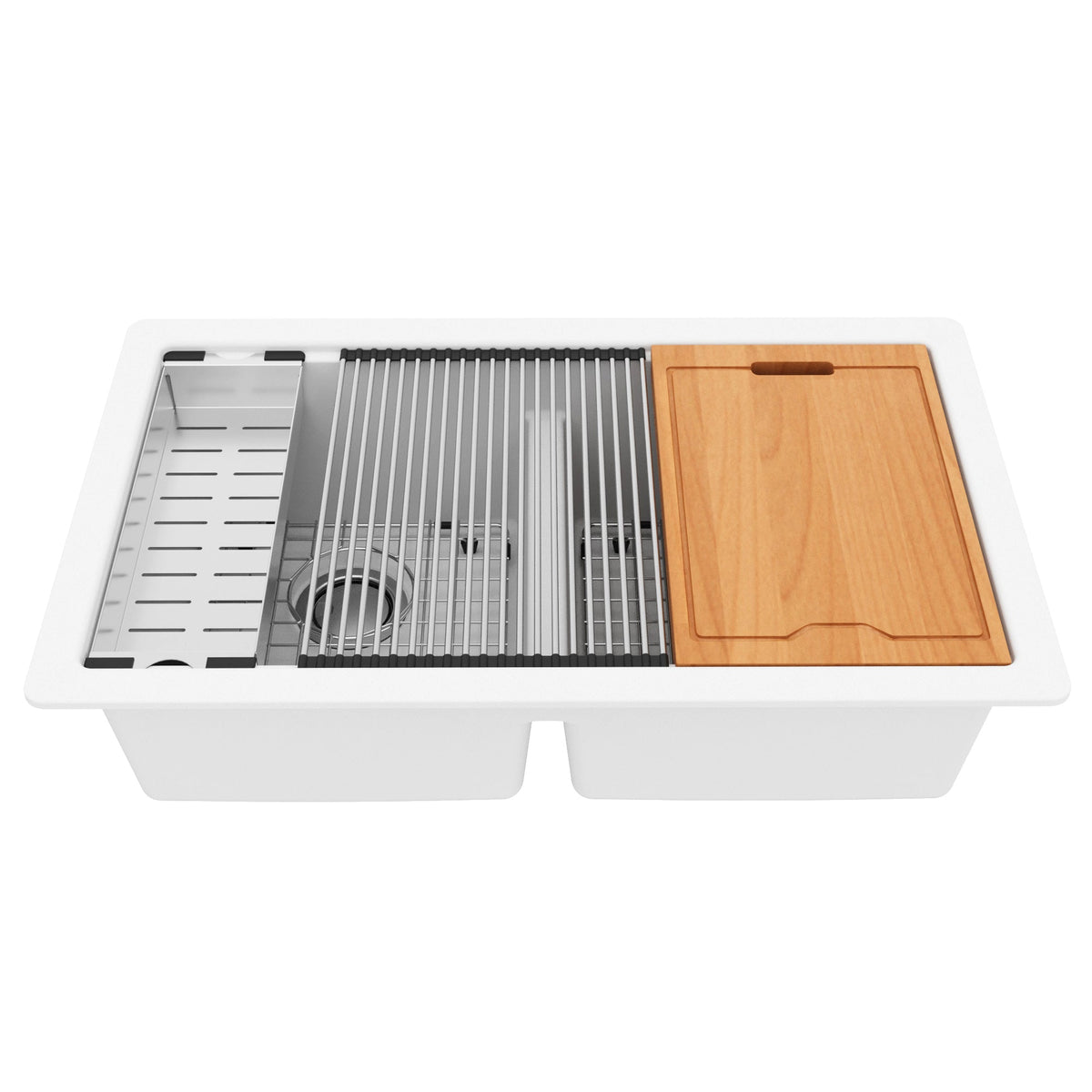 32-1/2" Undermount Double Equal Bowl Quartz Composite Workstation Kitchen Sink In White