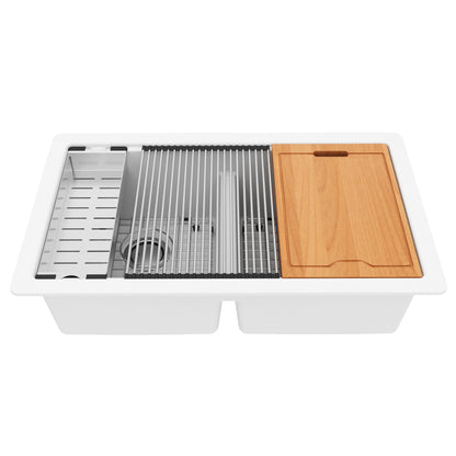 32-1/2" Undermount Double Equal Bowl Quartz Composite Workstation Kitchen Sink In White
