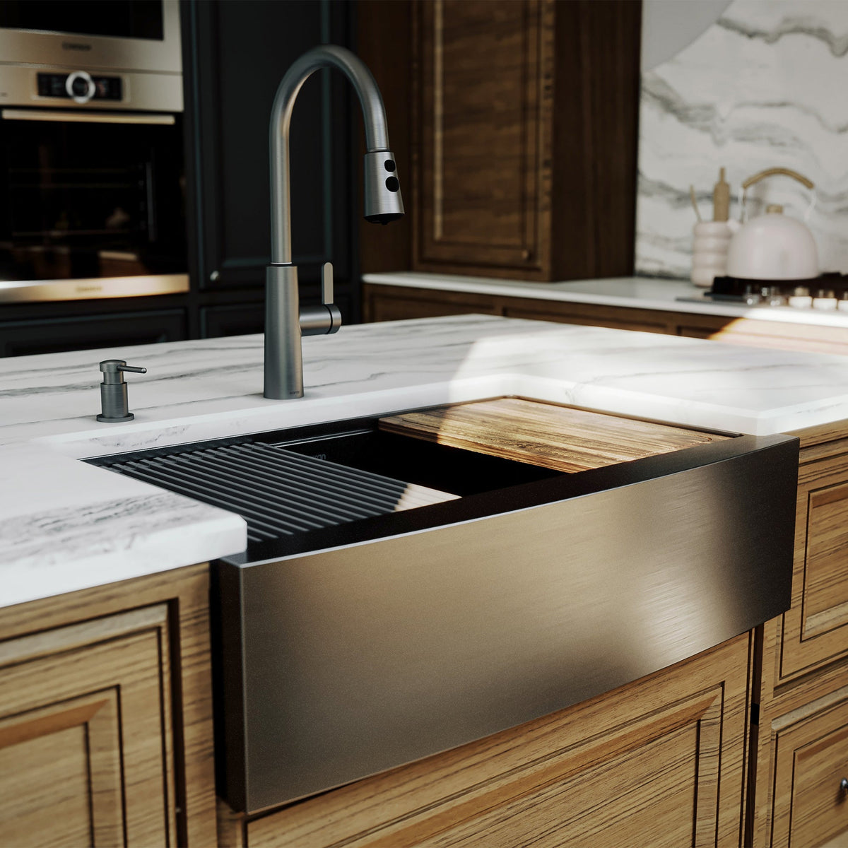 Elite 33" Apron Front Workstation 16 Gauge Single Bowl Stainless Steel Kitchen Sink In Gunmetal Black