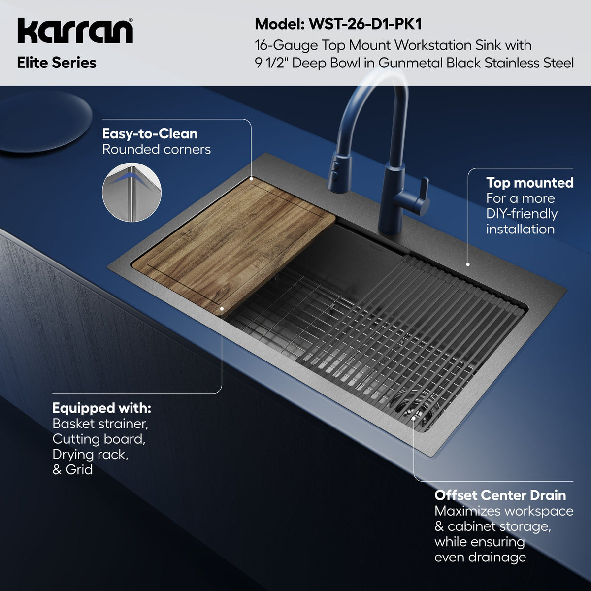 Elite 33" Top Mount Workstation 16 Gauge Stainless Steel Single Bowl Kitchen Sink In Gunmetal Black
