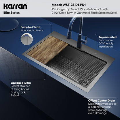 Elite 33" Top Mount Workstation 16 Gauge Stainless Steel Single Bowl Kitchen Sink In Gunmetal Black
