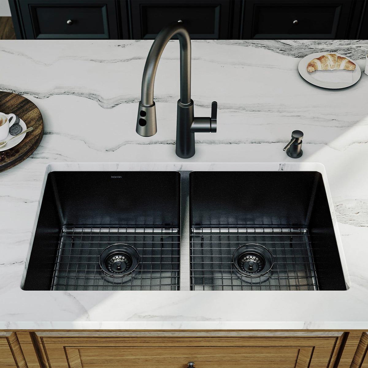 Elite 32" Undermount 16 Gauge Stainless Steel Double Bowl Kitchen Sink In Gunmetal Black