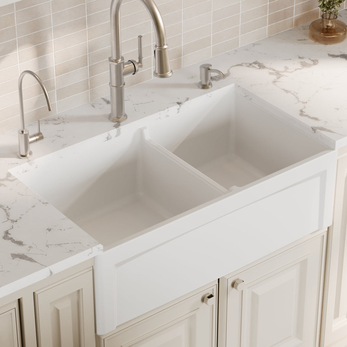 Fireclay 33" Reversible Apron Front Double Bowl Kitchen Sink In White