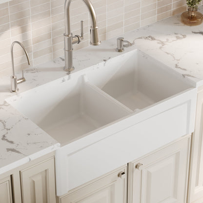 Fireclay 33" Reversible Apron Front Double Bowl Kitchen Sink In White