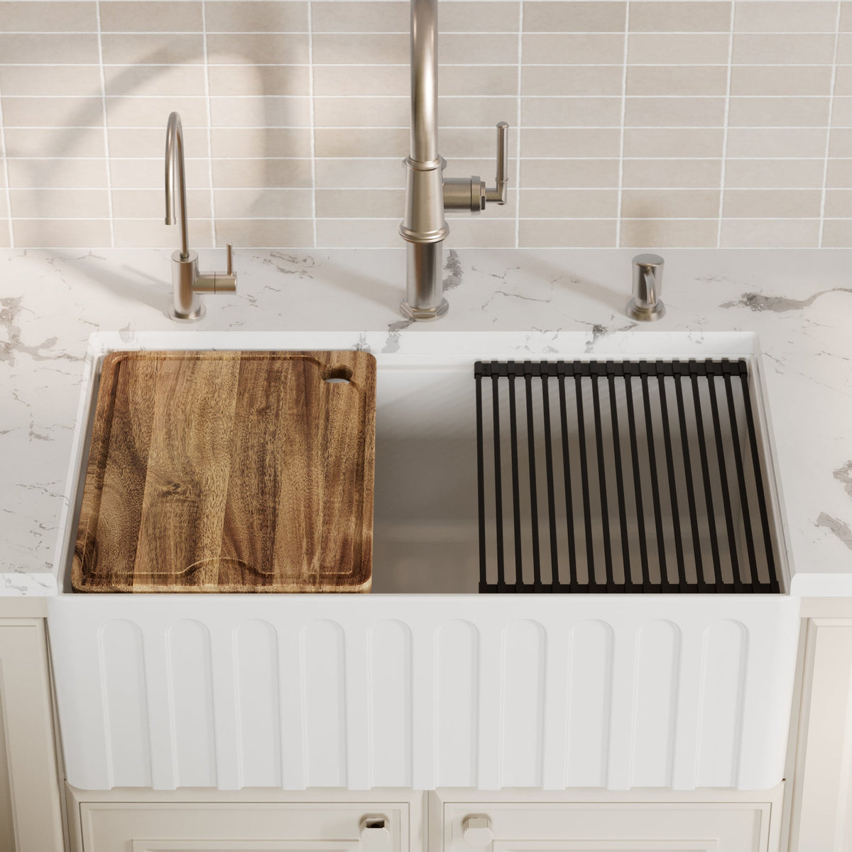 Fireclay 30" Reversible Apron Front Single Bowl Workstation Kitchen Sink In White