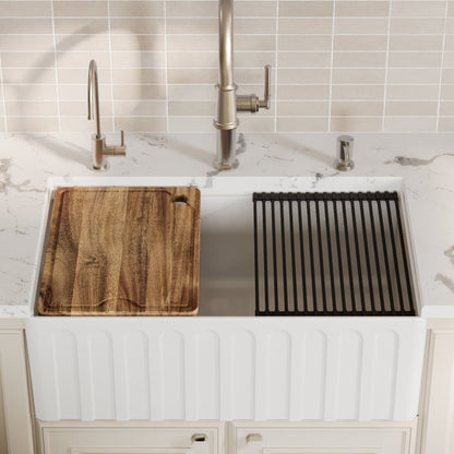Fireclay 30" Reversible Apron Front Single Bowl Workstation Kitchen Sink In White