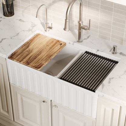Fireclay 33" Reversible Apron Front Double Bowl Workstation Kitchen Sink In White