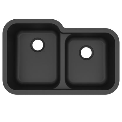32-3/8" Seamless Undermount Double Offset Bowl Quartz Composite Kitchen Sink In Black