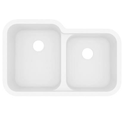32-3/8" Seamless Undermount Double Offset Bowl Quartz Composite Kitchen Sink In White