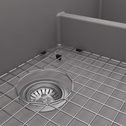 34" Farmhouse Double Offset Bowl Quartz Composite Kitchen Sink Kit In Grey