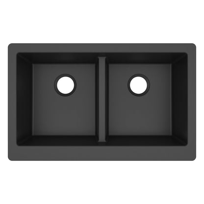 34" Retrofit Farmhouse Double Equal Bowl Quartz Composite Kitchen Sink In Black