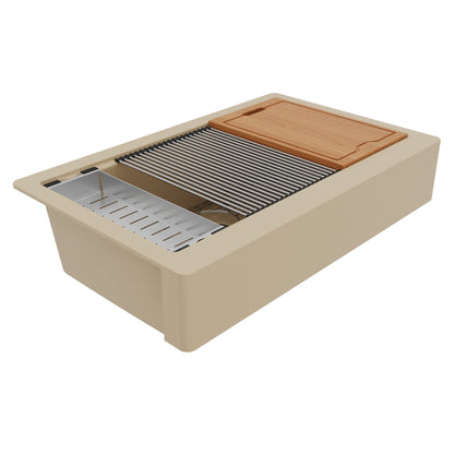 34" Retrofit Farmhouse Large Single Bowl Quartz Composite Workstation Kitchen Sink In Bisque