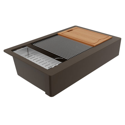 34" Retrofit Farmhouse Large Single Bowl Quartz Composite Workstation Kitchen Sink In Brown