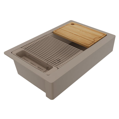 34" Apron Front Single Bowl Quartz Kitchen Sink Kit In Concrete