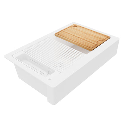 34" Apron Front Single Bowl Quartz Kitchen Sink Kit In White