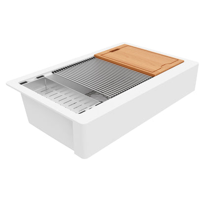 34" Retrofit Farmhouse Large Single Bowl Quartz Composite Workstation Kitchen Sink In White