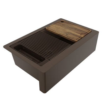 34" Deep Apron Front Single Bowl Quartz Kitchen Sink Kit In Brown