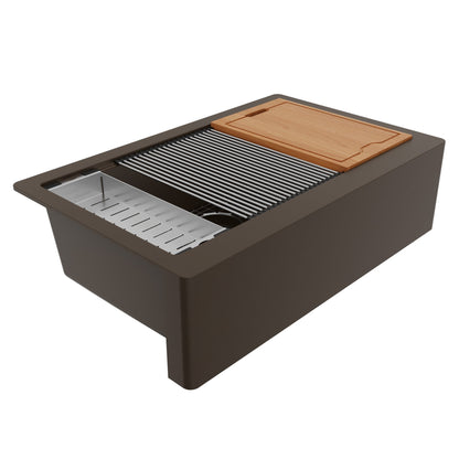 34" Farmhouse Large Single Bowl Quartz Composite Workstation Kitchen Sink In Brown