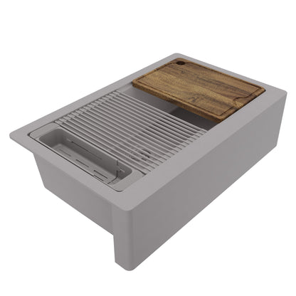 34" Deep Apron Front Single Bowl Quartz Kitchen Sink Kit In Grey