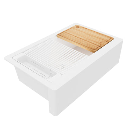 34" Deep Apron Front Single Bowl Quartz Kitchen Sink Kit In White