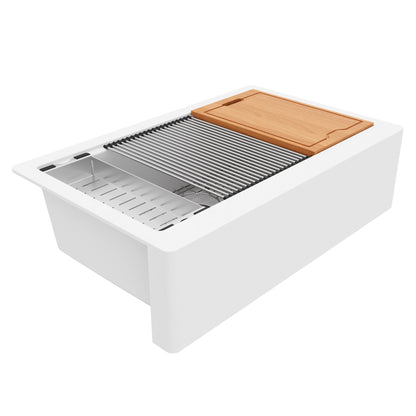 34" Farmhouse Large Single Bowl Quartz Composite Workstation Kitchen Sink In White