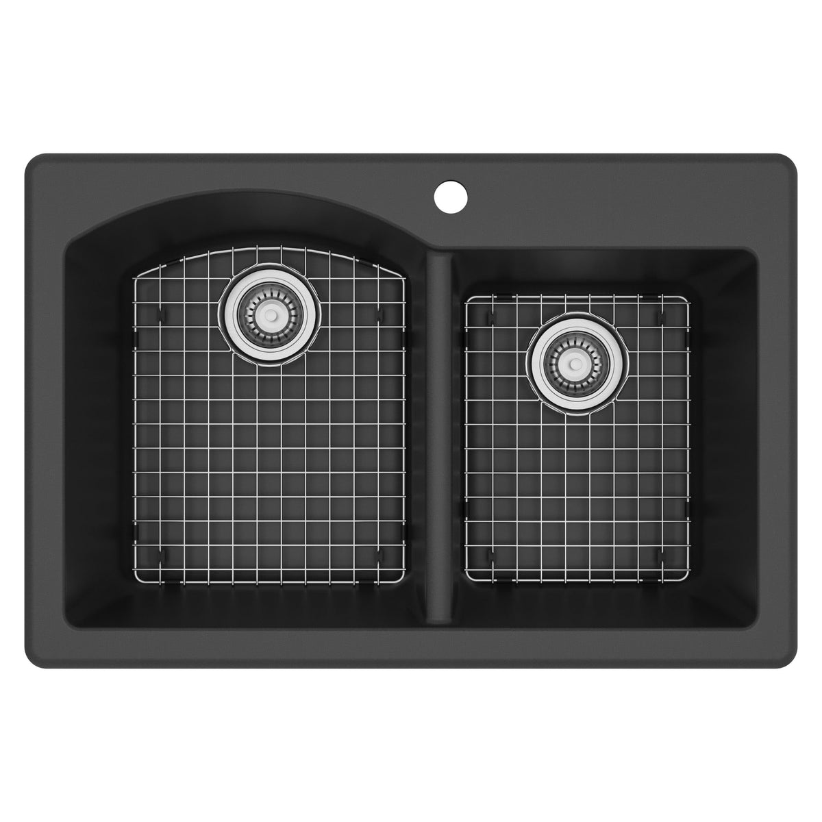 33" Top Mount Double Offset Bowl Quartz Composite Kitchen Sink Kit In Black