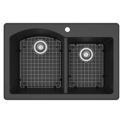 33" Top Mount Double Offset Bowl Quartz Composite Kitchen Sink Kit In Black