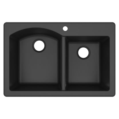 33" Top Mount Double Offset Bowl Quartz Composite Kitchen Sink In Black