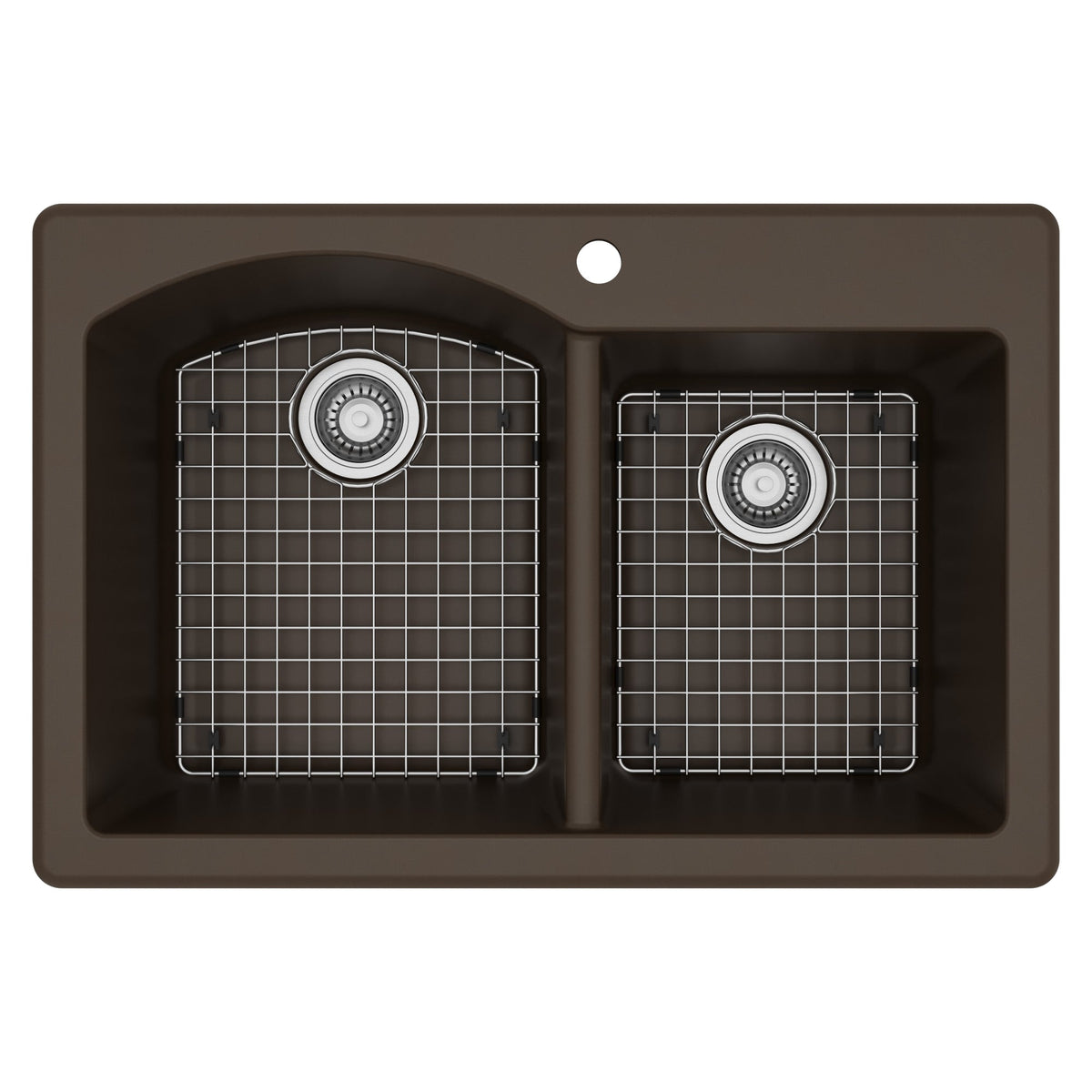 33" Top Mount Double Offset Bowl Quartz Composite Kitchen Sink Kit In Brown