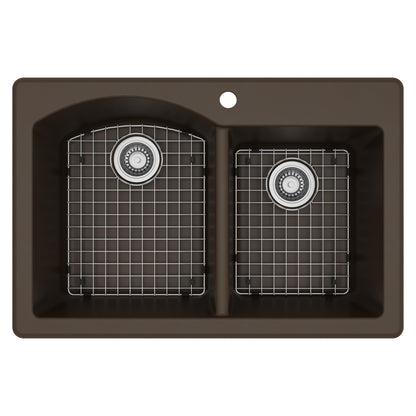33" Top Mount Double Offset Bowl Quartz Composite Kitchen Sink Kit In Brown