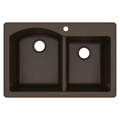 33" Top Mount Double Offset Bowl Quartz Composite Kitchen Sink In Brown