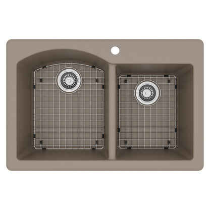 33" Top Mount Double Offset Bowl Quartz Composite Kitchen Sink Kit In Concrete