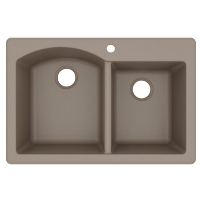 33" Top Mount Double Offset Bowl Quartz Composite Kitchen Sink In Concrete