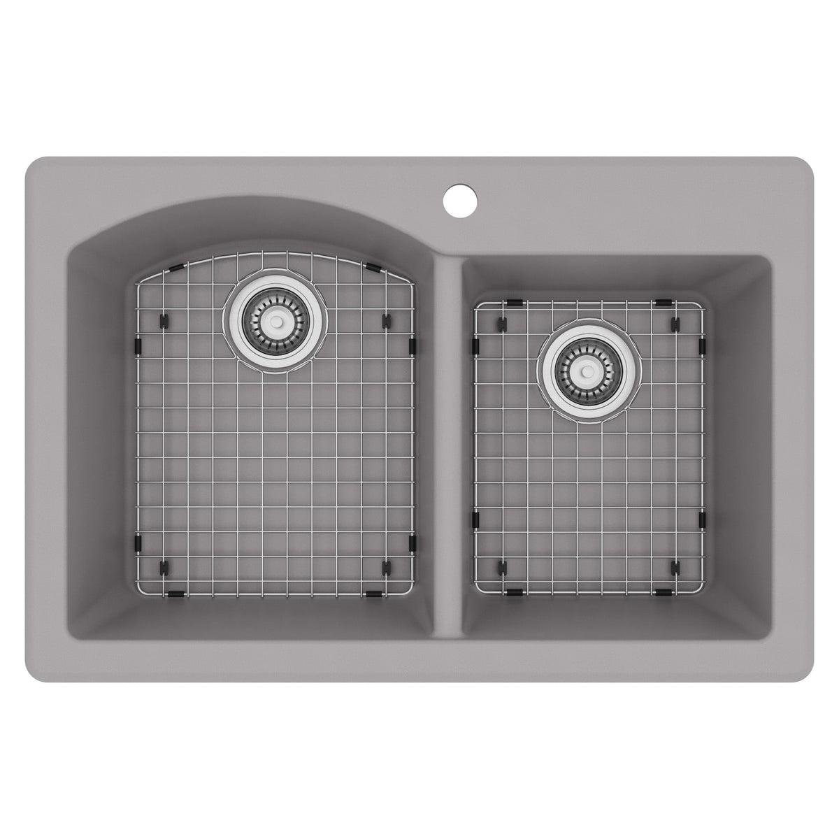 33" Top Mount Double Offset Bowl Quartz Composite Kitchen Sink Kit In Grey