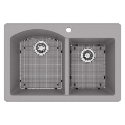33" Top Mount Double Offset Bowl Quartz Composite Kitchen Sink Kit In Grey