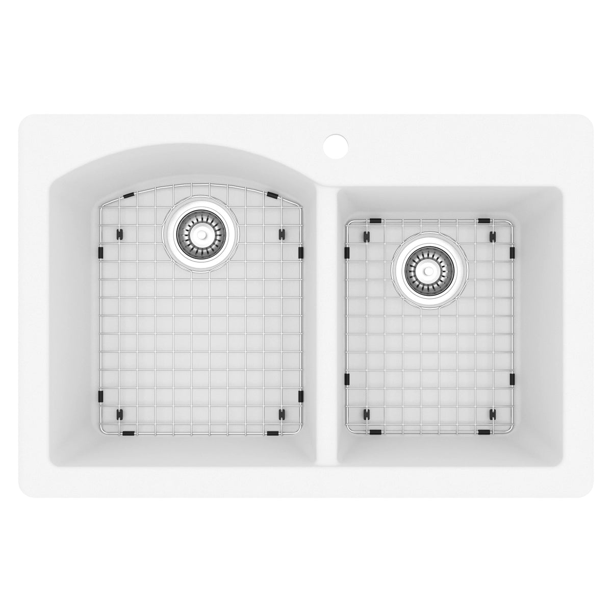 33" Top Mount Double Offset Bowl Quartz Composite Kitchen Sink Kit In White